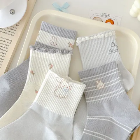 STVCV01 - Set 5 đôi tất vớ nữ cổ vừa cotton thoáng khí hoạ tiết tone xanh mint dễ thương