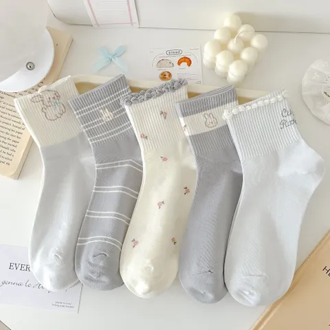 STVCV01 - Set 5 đôi tất vớ nữ cổ vừa cotton thoáng khí hoạ tiết tone xanh mint dễ thương