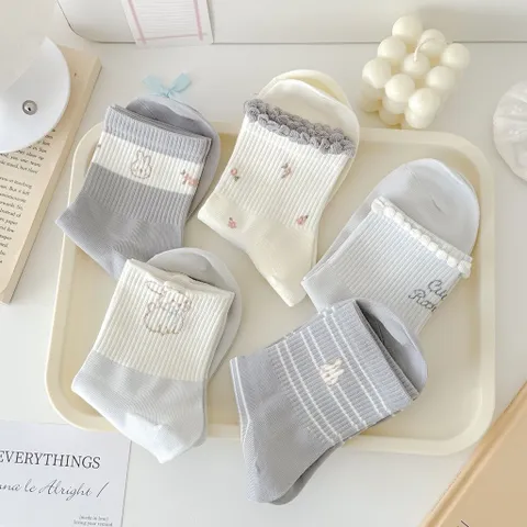 STVCV01 - Set 5 đôi tất vớ nữ cổ vừa cotton thoáng khí hoạ tiết tone xanh mint dễ thương