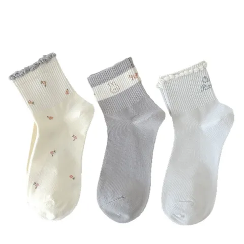 STVCV01 - Set 5 đôi tất vớ nữ cổ vừa cotton thoáng khí hoạ tiết tone xanh mint dễ thương