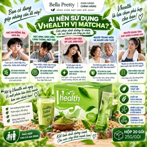 Vhealth Vị Trà Xanh Matcha 20 Gói – Bổ Sung Protein Thực Vật, Chất Xơ, Vitamin & Khoáng Chất