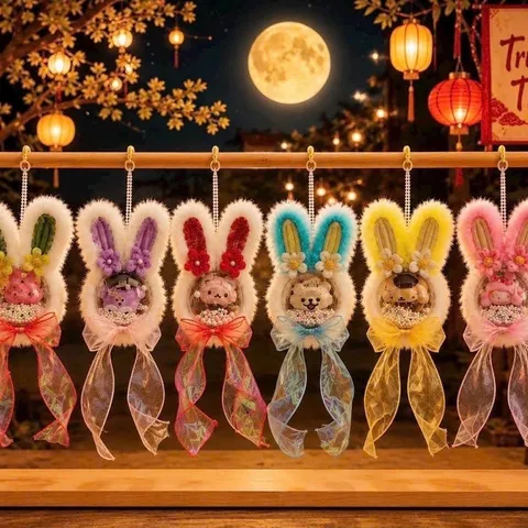 Đèn lồng Trung Thu hình tai thỏ, có đèn, size quả cầu 10cm