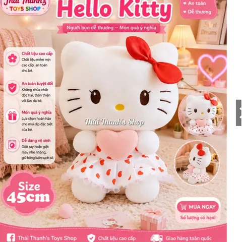 Gấu bông Hello Kitty ôm tim, size 45cm, chất liệu cao cấp, an toàn tuyệt đối, món quà ý nghĩa