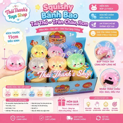 Squishy Bánh Bao Tai thỏ trân châu kim tuyến 11cm