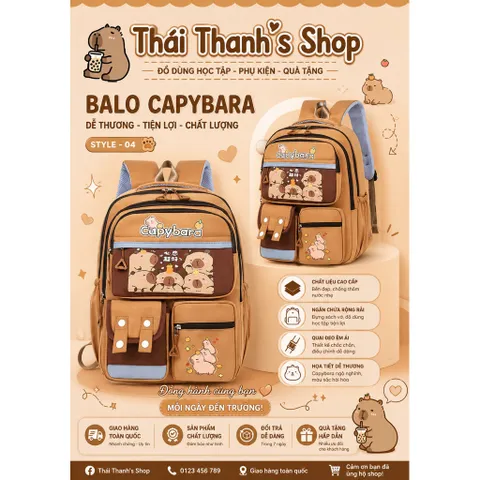 Balo Học Sinh Capybara - 4 Mẫu Xinh Xắn, Chất Liệu Bền Đẹp, Nhiều Ngăn Tiện Lợi, Phù Hợp Học Sinh, Sinh Viên