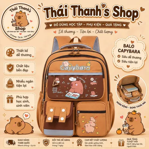 Balo Học Sinh Capybara - 4 Mẫu Xinh Xắn, Chất Liệu Bền Đẹp, Nhiều Ngăn Tiện Lợi, Phù Hợp Học Sinh, Sinh Viên