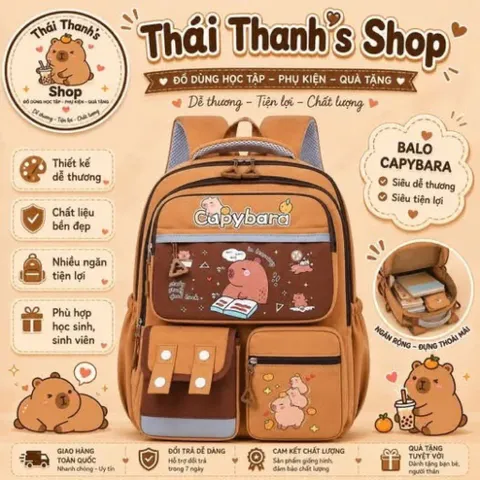 Balo Học Sinh Capybara - 4 Mẫu Xinh Xắn, Chất Liệu Bền Đẹp, Nhiều Ngăn Tiện Lợi, Phù Hợp Học Sinh, Sinh Viên