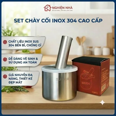 Bộ Cối Chày Inox 304 Cao Cấp Nghiện Nhà - Cối Giã Tỏi Ớt, Đâm Tiêu Chống Gỉ Có Nắp Đậy Tiện Lợi