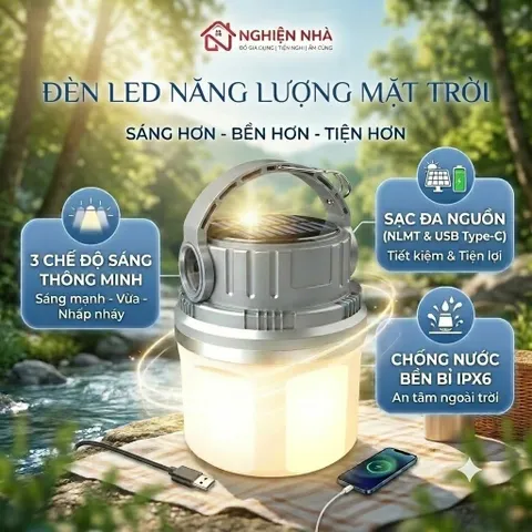Đèn cắm trại năng lượng mặt trời NGHIỆN NHÀ ,Đèn Tích Điện Năng Lượng Mặt Trời - 3 Chế Độ - Kèm Cổng Sạc USB Tiện Dụng