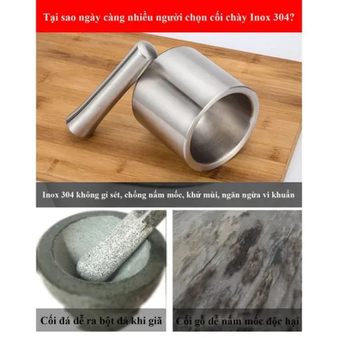 Bộ Cối Chày Inox 304 Cao Cấp Nghiện Nhà - Cối Giã Tỏi Ớt, Đâm Tiêu Chống Gỉ Có Nắp Đậy Tiện Lợi