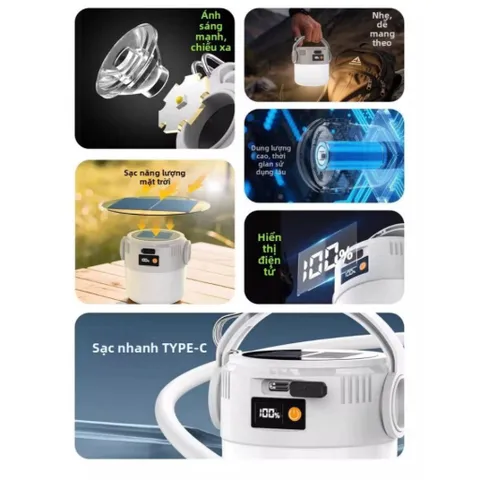 Đèn cắm trại năng lượng mặt trời NGHIỆN NHÀ ,Đèn Tích Điện Năng Lượng Mặt Trời - 3 Chế Độ - Kèm Cổng Sạc USB Tiện Dụng