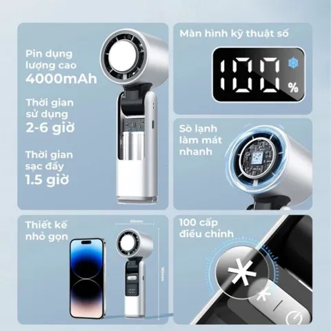 Quạt Cầm Tay Sò Lạnh K801, Màn Hình Kỹ Thuật Số Lạnh Sâu Nhanh, Pin 4000mAh,Đèn LED, Sạc Type-C 199 Cấp Gió