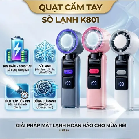 Quạt Cầm Tay Sò Lạnh K801, Màn Hình Kỹ Thuật Số Lạnh Sâu Nhanh, Pin 4000mAh,Đèn LED, Sạc Type-C 199 Cấp Gió