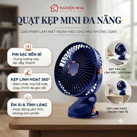 Quạt Kẹp Bàn Mini, Quạt Tích Điện Sạc Pin, Quạt Bàn, Kẹp Ô Tô 3 Cấp Độ Gió Dung Lượng Pin Khủng Xoay 720 Độ