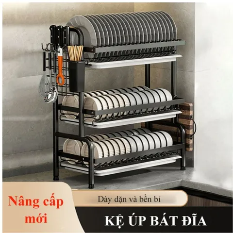 Kệ bát 3 tầng đa năng thông minh NGHIỆN NHÀ, Có khay hứng nước. kệ để bát đĩa đa năng kèm giá để đũa cài dao thớt