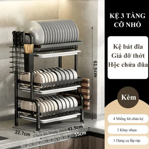 Kệ bát 3 tầng đa năng thông minh NGHIỆN NHÀ, Có khay hứng nước. kệ để bát đĩa đa năng kèm giá để đũa cài dao thớt