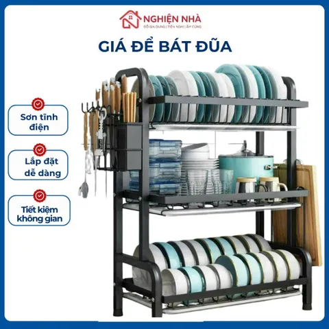 Kệ bát 3 tầng đa năng thông minh NGHIỆN NHÀ, Có khay hứng nước. kệ để bát đĩa đa năng kèm giá để đũa cài dao thớt