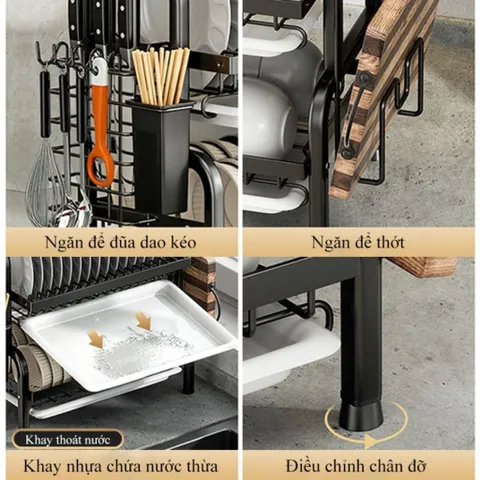Kệ bát 3 tầng đa năng thông minh NGHIỆN NHÀ, Có khay hứng nước. kệ để bát đĩa đa năng kèm giá để đũa cài dao thớt
