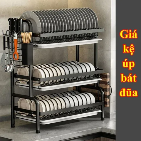 Kệ bát 3 tầng đa năng thông minh NGHIỆN NHÀ, Có khay hứng nước. kệ để bát đĩa đa năng kèm giá để đũa cài dao thớt