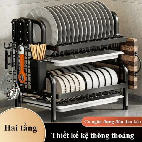 Kệ bát 3 tầng đa năng thông minh NGHIỆN NHÀ, Có khay hứng nước. kệ để bát đĩa đa năng kèm giá để đũa cài dao thớt