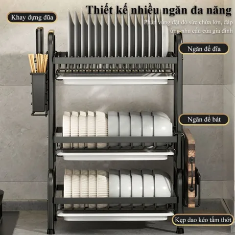 Kệ bát 3 tầng đa năng thông minh NGHIỆN NHÀ, Có khay hứng nước. kệ để bát đĩa đa năng kèm giá để đũa cài dao thớt