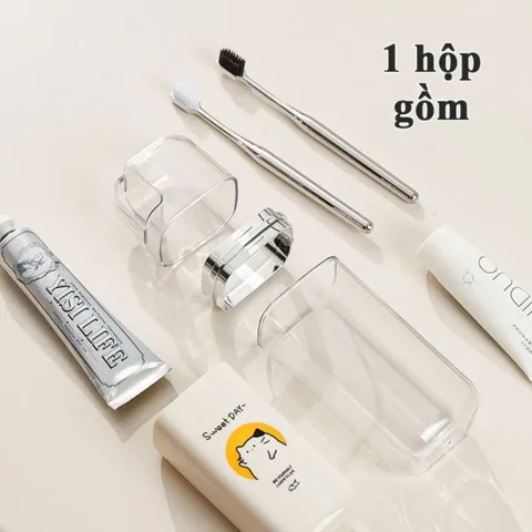 Hộp đựng kem đánh răng du lịch NGHIỆN NHÀ, bộ cốc đánh răng du lịch nhỏ gọn tiện lợi cầm tay mang hình dễ thương