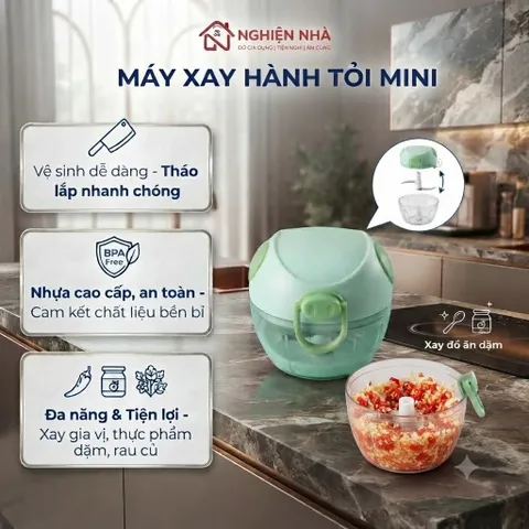 Máy Xay tỏi cầm tay NGHIỆN NHÀ  Máy xay mini đa năng 3 lưỡi dao kéo tay, xay tỏi ớt hành, xay rau củ quả