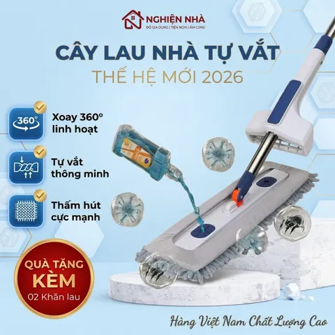 Cây Lau Nhà Tự Vắt , NGHIỆN NHÀ , Chổi Lau nhà Tự Vắt Xoay 360 Độ, Kèm Bông Lau San Hô
