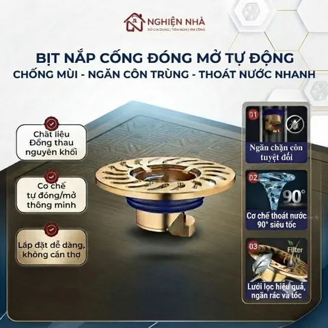 Nắp Cống Ống Thoát Nước Đồng, Chống Mùi, Lọc Rác, Tự Động Mở nắp cống, chống mùi hôi, chặn côn trùng, lưới lọc
