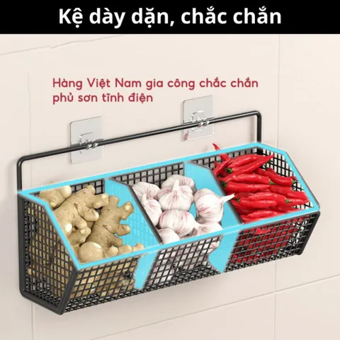 Kệ Giỏ Đựng Hành, Tỏi Dán Tường, Kệ Đựng Gia Vị Gắn Tường Nhà Bếp Tiện Lợi Bằng Thép Sơn Tĩnh Điện -Tặng Kèm Miếng Dán