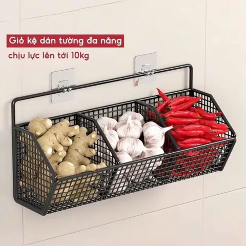 Kệ Giỏ Đựng Hành, Tỏi Dán Tường, Kệ Đựng Gia Vị Gắn Tường Nhà Bếp Tiện Lợi Bằng Thép Sơn Tĩnh Điện -Tặng Kèm Miếng Dán