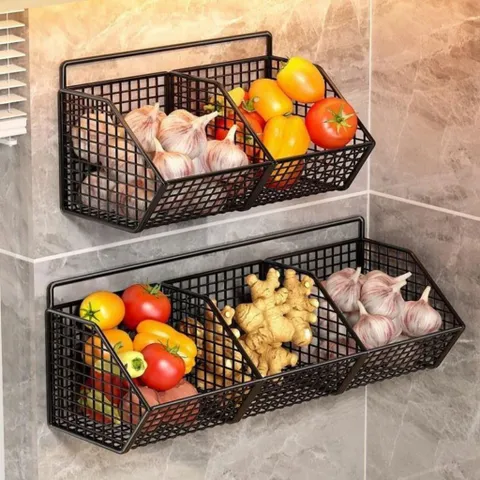 Kệ Giỏ Đựng Hành, Tỏi Dán Tường, Kệ Đựng Gia Vị Gắn Tường Nhà Bếp Tiện Lợi Bằng Thép Sơn Tĩnh Điện -Tặng Kèm Miếng Dán