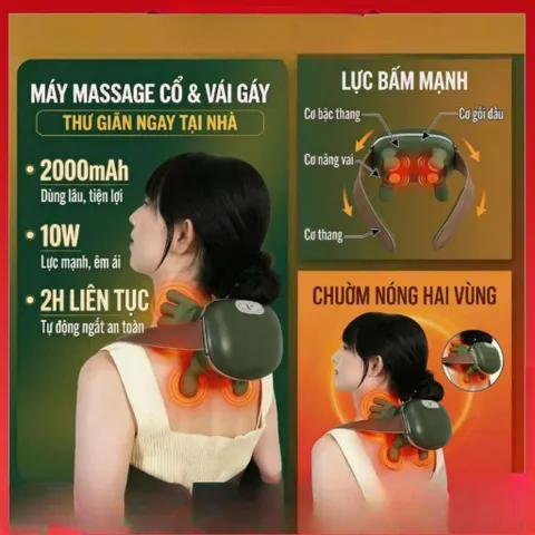 (Loại 1 pin chuẩn 2000mAH) Máy Massage Cổ Vai Gáy Mô Phỏng Bàn Tay nhiệt hồng ngoại 45°C giảm đau mỏi hiệu quả.