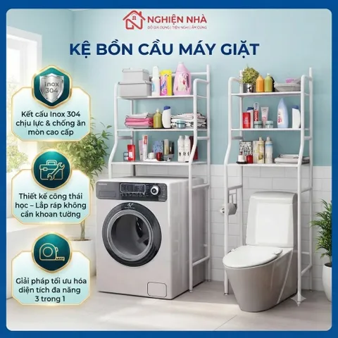 Kệ Để Đồ Máy Giặt Và Toilet NGHIỆN NHÀ, KỆ ĐA NĂNG PHÒNG TẮM Tháo Lắp INOX 3 tầng