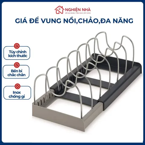 Kệ Để Vung Nồi Chảo Đa Năng NGHIỆN NHÀ, Giá Để Xoong Nồi Thớt Chia Ngăn Co Giãn Rút Gọn Tiện Lợi (Inox Chống Gỉ)