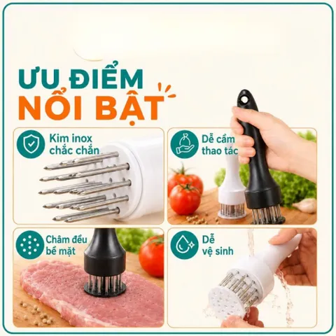 Dụng cụ châm thịt inox thông minh NGHIỆN NHÀ - Cây xăm thịt, làm mềm thịt quay giòn bì tiện lợi.