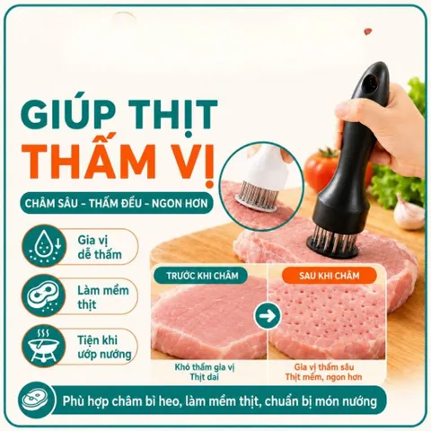 Dụng cụ châm thịt inox thông minh NGHIỆN NHÀ - Cây xăm thịt, làm mềm thịt quay giòn bì tiện lợi.