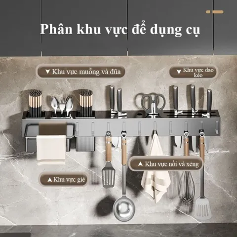 Giá Dao Treo Tường Bằng Thép Carbon, Tích Hợp Ống Đựng Đũa, Thiết Kế Thông Thoáng Chống Ẩm Mốc