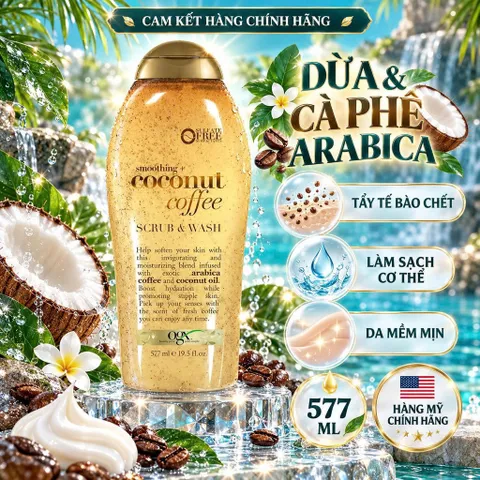 [CHÍNH HÃNG MỸ] Sữa Tắm Tẩy Tế Bào Chết OGX Smoothing Coconut Coffee Scrub & Wash Chai Lớn 577ml