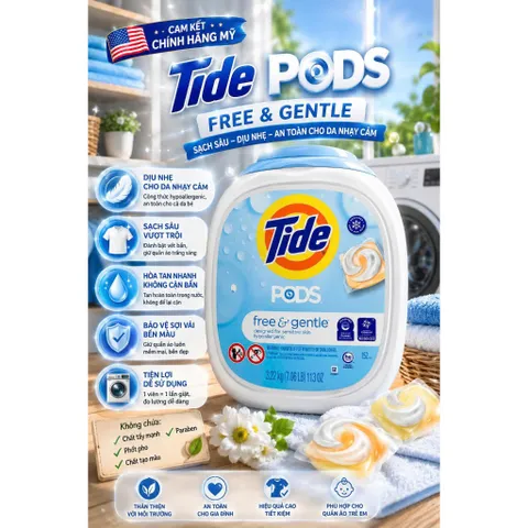 [HÀNG MỸ] Viên Giặt Tide PODS Free & Gentle Cho Da Nhạy Cảm (Thùng 152 Viên - 3.22kg)