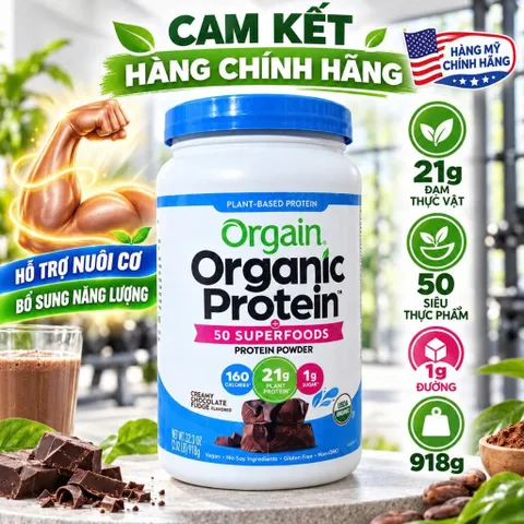Bột Protein Hữu Cơ Orgain Organic Protein Vị Socola Đậm Đà Bổ Sung 21g Đạm Thực Vật Nuôi Cơ (Hũ 918g - 920g)