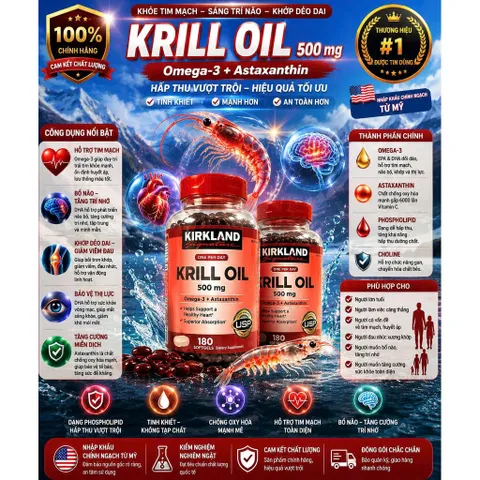 [HÀNG MỸ] Viên Uống Dầu Nhuyễn Thể Kirkland Signature Krill Oil 500mg (Hộp 180 Viên)
