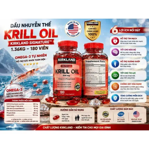 [HÀNG MỸ] Viên Uống Dầu Nhuyễn Thể Kirkland Signature Krill Oil 500mg (Hộp 180 Viên)