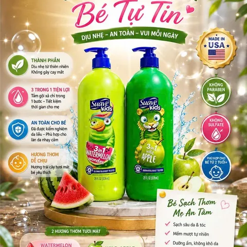 [HÀNG MỸ] Sữa Tắm Gội Xả 3 Trong 1 Cho Bé Suave Kids Dung Tích Lớn 1.18L (40 FL OZ)