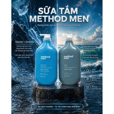 Sữa tắm Method Men chính hãng 828ml cho nam hương biển Sea + Surf hương mát Glacier + Granite