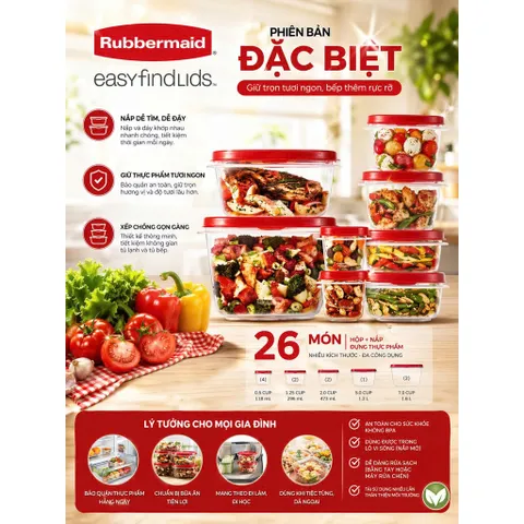 Combo 26 Món Hộp Đựng Thực Phẩm Rubbermaid Easy Find Lids – Hàng Nội Địa Mỹ