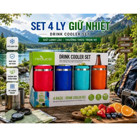 [Hàng Mỹ] Set 4 Bình Giữ Nhiệt Cao Cấp Reduce Drink Cooler 14oz - Đa Năng 4-Trong-1