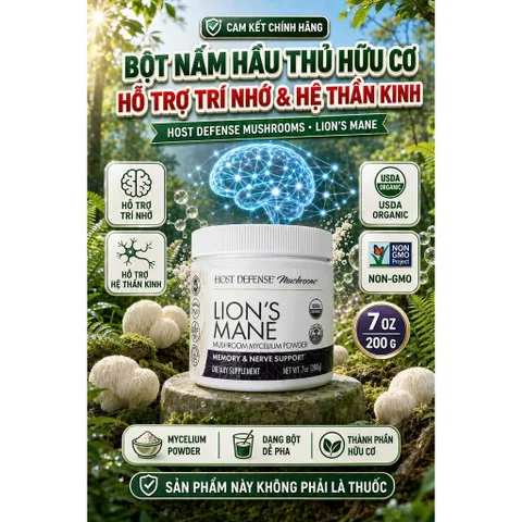 [HÀNG MỸ] Bột Nấm Đầu Khỉ Hữu Cơ Host Defense Lion's Mane (Hũ 200g - 7 OZ)