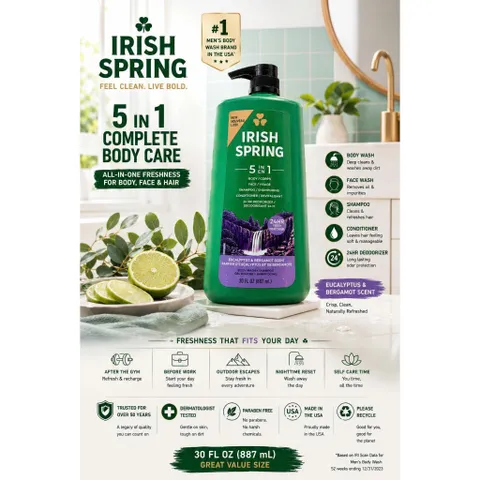Sữa Tắm Gội Toàn Thân Cho Nam Irish Spring 5in1 Mỹ 887ml. hàng MỸ
