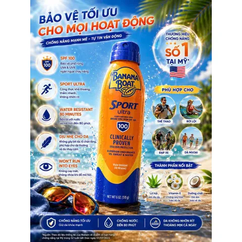 [HÀNG MỸ] Chai Xịt Chống Nắng Thể Thao Banana Boat Sport Ultra SPF 100 (Chai 170g / 6 OZ Mỹ)